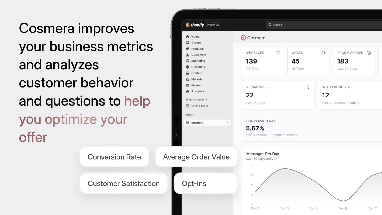 Cosmera — tableau de bord de conversion dans l'admin Shopify