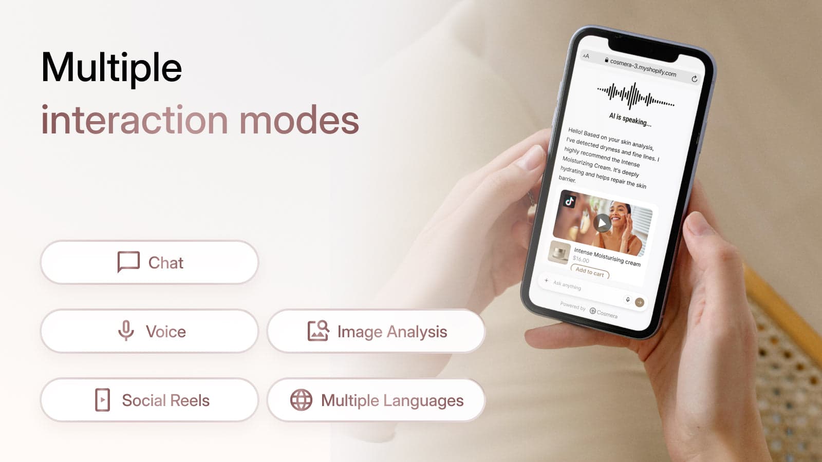 Cosmera — modes chat, voix, analyse d'image, réels et multilingue