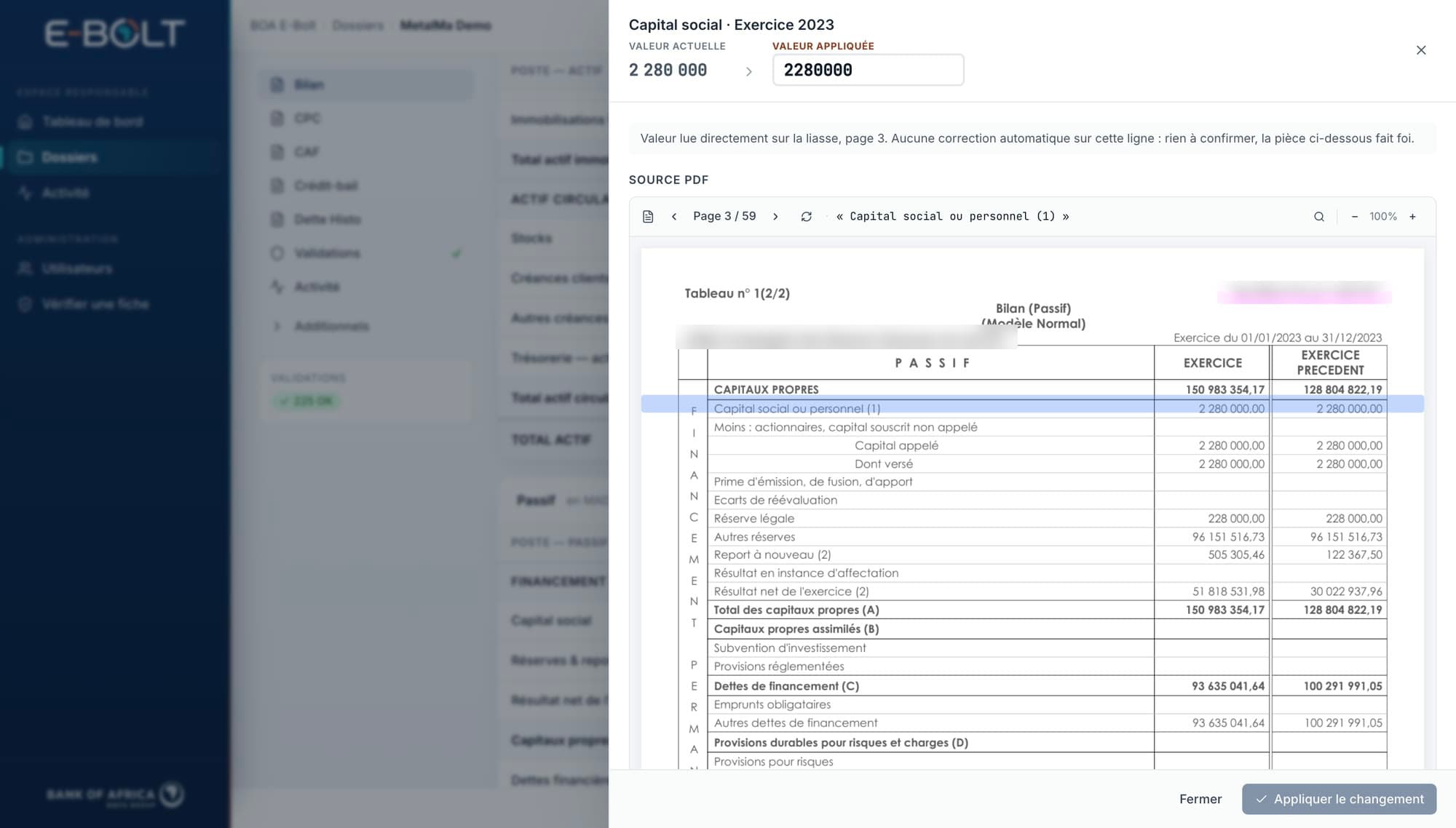 E-Bolt — le panneau de vérification d'une valeur avec la page source de la liasse surlignée